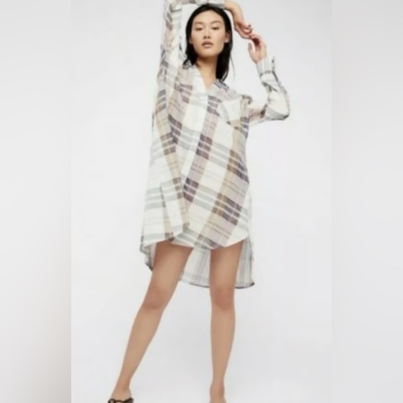 Free people oversized plaid long button up down medium dress tunic top - Picture 2 of 4